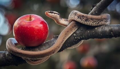 Snake in a apple tree next to a red apple representing original sin
 - obrazy, fototapety, plakaty