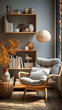 b'A cozy living room with a comfortable chair, bookshelves, and a vase of flowers'