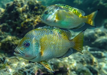 Fototapeta premium b'Two yellow and green fish are swimming near a coral reef'