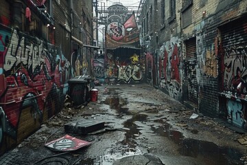 A grimy alley with colorful graffiti, suitable for urban-themed designs