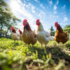 Fototapeta premium b'A group of free range chickens on a grassy field looking at the camera'