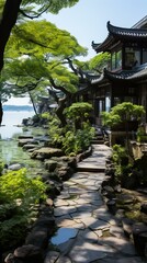 Fototapeta premium b'chinese style architecture near the lake surrounded by trees and plants'