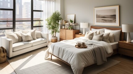 b'Airy and bright bedroom with a large bed, sofa, and plants'