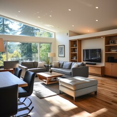 Naklejka na ściany i meble b'Modern living room interior design with large windows and wooden furniture'