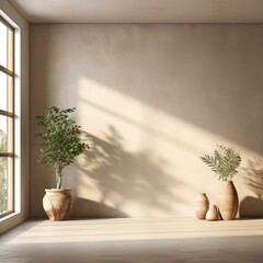 b'Two Plants in Pots in a Room With Large Window'