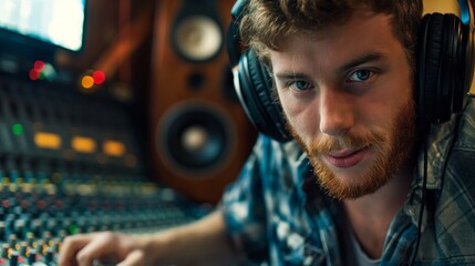 A man in headphones sits in front of a sound board in a recording studio