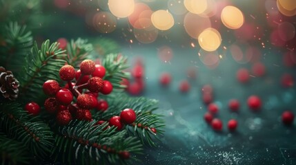 b'Christmas background with red berries and fir branches'