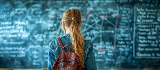 A young teenage girl with a ponytail and a backpack standing in front of a class board filled with complex mathematical and scientific equations - Concept about highly intelligent gifted students 