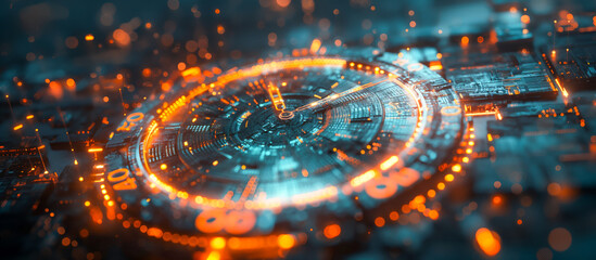 A digital representation of a temporal dimension concept with glowing orange and blue light streaks and a futuristic clock interface - Time-space science background