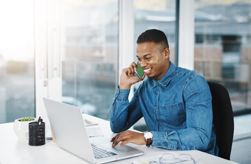 Phone call, business and black man with laptop at desk for conversation, networking or negotiating...