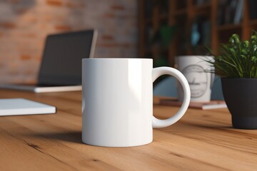 A coffee mug mockup on a cafe table with a customizable logo