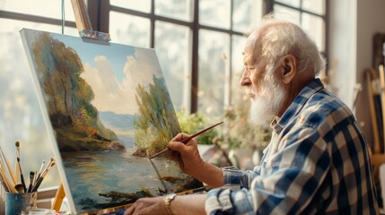 Painter creating art on easel with paint and brush