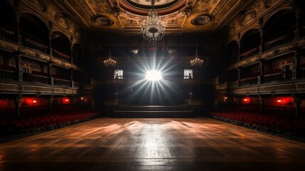 b'An empty theater with a spotlight on the stage'