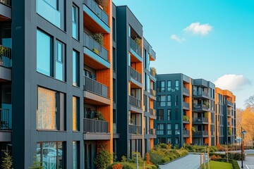 b'Modern apartment buildings with glass windows and balconies'