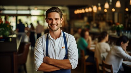 b'Portrait of a Smiling Caucasian Man in a Restaurant'