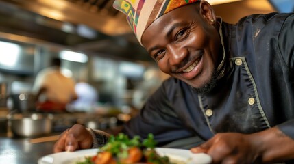 Happy chef with plate of food, sharing cuisine and smiling in the kitchen