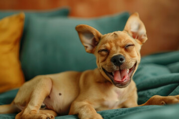 Perrito sonriendo en el sofá.
