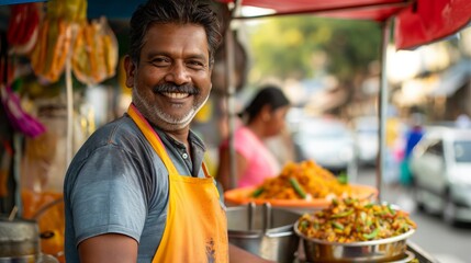 A man is happily smiling in front of a food stand at the market
