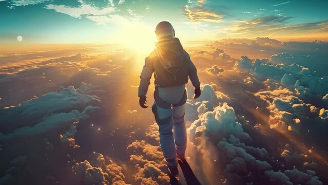 Skydiver feels intense thrill diving towards earth against sunset and fluffy clouds. Concept Extreme Sports, Adrenaline Rush, Skydiving, Sunset Adventure, Flight Experience