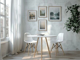 Airy dining room with picture frames and a plant