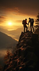 b'Two men on a mountaintop enjoying the sunset'