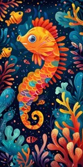 b'Colorful Illustration of a Seahorse Surrounded by Tropical Fish and Plants'