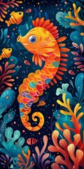 Obraz premium b'Colorful Illustration of a Seahorse Surrounded by Tropical Fish and Plants'