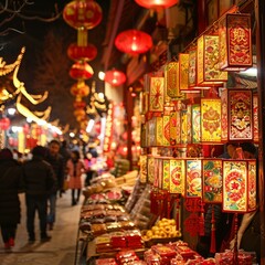 b'Night view of a traditional Chinese courtyard with red lanterns during the Spring Festival'