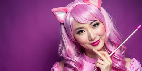 Naklejka premium Beautiful Asian Anime woman in cosplay costume, front of wall with space for text
