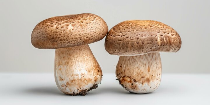 b'Two brown mushrooms on a white background'