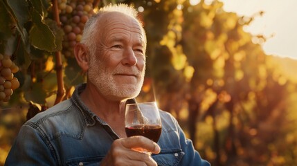 Elderly man smiling with stemware in hand at vineyard event