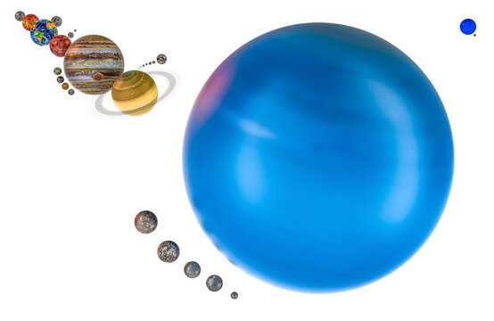 Uranus with satellites and solar system, 3D rendering isolated on transparent background