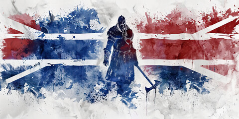 The Icelandic Flag with a Viking and a Geothermal Energy Worker - Picture the Icelandic flag with a Viking representing Iceland's Viking heritage and a geothermal energy worker symbolizing the country - obrazy, fototapety, plakaty