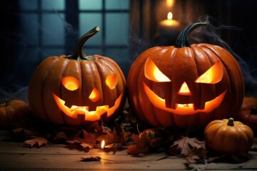 a couple of carved pumpkins with candles and leaves
