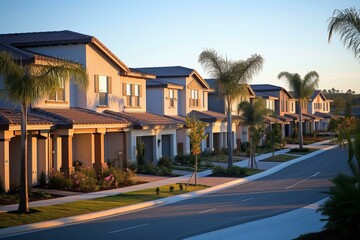 b'A row of new townhomes in a suburban neighborhood'
