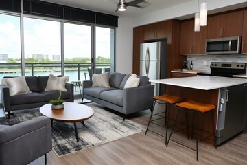 Fototapeta premium b'Modern apartment living room with open kitchen and large windows'