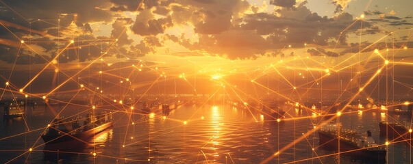 A dramatic sunset port scene where oil barrels are being loaded onto ships, each barrel connected by beams of light forming a golden bar graph across the horizon