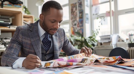 A man in a suit is examining fabric samples at the building table