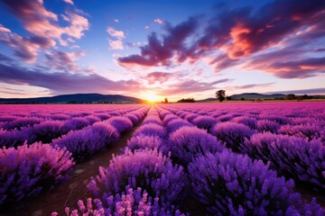 a field of lavender with a sunset in the background