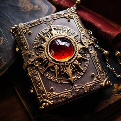 a book with a red glass in the middle