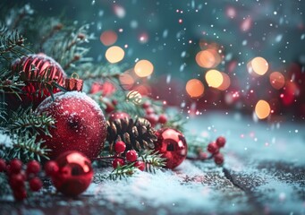 b'Red and green Christmas ornaments on a snowy wooden table'