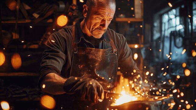 Blacksmith is heating metal with gas in workshop at midnight