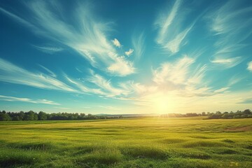 Fototapeta premium b'Green wheat field under the blue sky with white clouds'