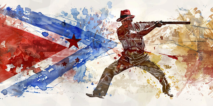 The Cuban Flag with a Cigar Roller and a Salsa Dancer - Picture the Cuban flag with a cigar roller representing Cuba's famous cigars and a salsa dancer symbolizing the country's lively dance culture
