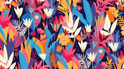 A vibrant and trendy fusion of modern exotic florals creates a captivating jungle pattern in a contemporary collage design This pattern is skillfully hand drawn in a playful cartoon