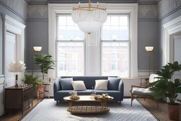 b'Blue living room with large windows and plants'