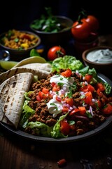 a plate of food with tortillas and sauces