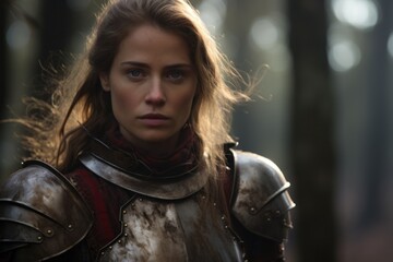 a woman in armor with a red scarf and a red scarf