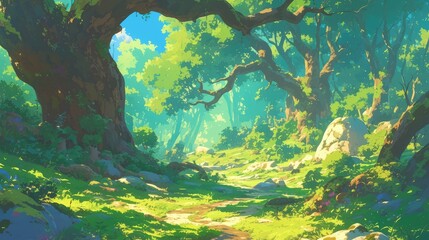 Fototapeta premium Immersed in the heart of a lush forest lies a picturesque glade serving as the backdrop for a stunning nature landscape captured in cartoon 2d format
