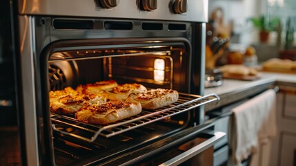 Home-baked pizzas in an oven, Italian cuisine concept. Design for cooking tutorials, pizza recipes, and culinary workshops.